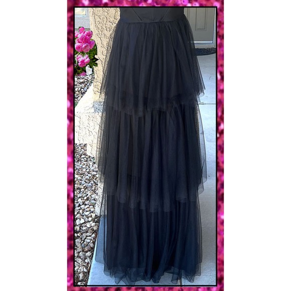 Lulus Rule the Runway Black Tulle Bustier Tiered Maxi Dress Size L - Picture 4 of 9